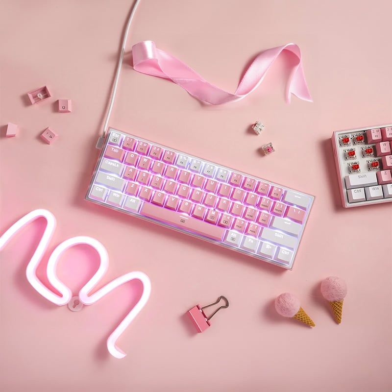 REDRAGON FIZZ PRO RGB 61 KEY Mechancal Wireless Gaming Keyboard - Pink/White-7