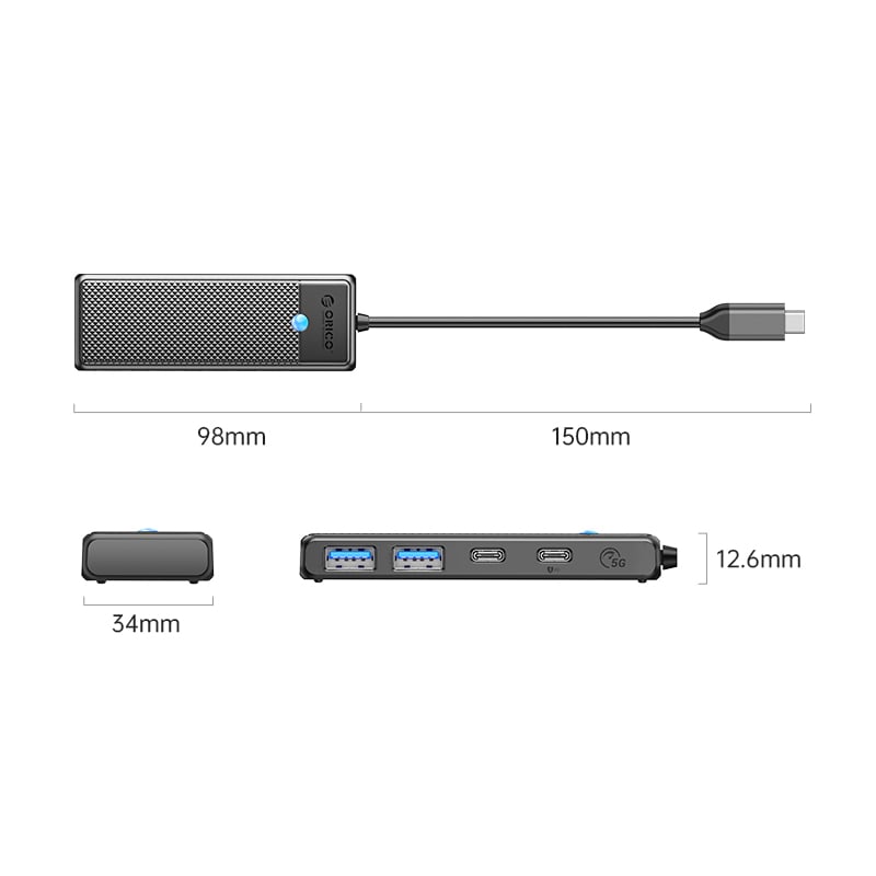 ORICO PW Series 4-Port USB3.0 Hub | Type-C | USB-A3.0 x 2 (5GBPS Sharing) | USB-C3.0 x 1 (5GBPS) | USB-C x 1 (PD100W) | 15cm | Black-1